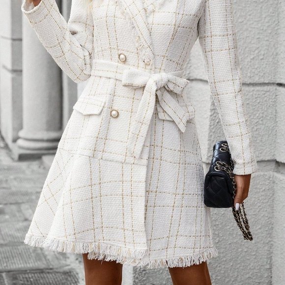 White Preppy Womens Plaid Pattern Raw Trim Double Breasted Belted Tweed Dress - Picture 5 of 5